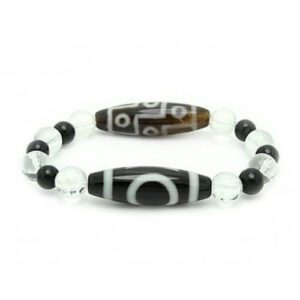 9 Eye and Earth & Heaven Dzi Beads with Faceted Clear Quartz & Obsidian Bracelet
