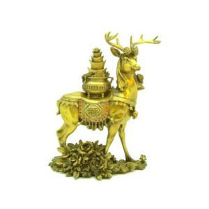 Brass Feng Shui Deer with Wealth Pot and Peonies1