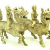 Brass Pair of Children on Chi Lin Holding Gold Ingot and Ruyi