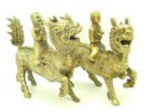 Brass Pair of Children on Chi Lin Holding Gold Ingot and Ruyi