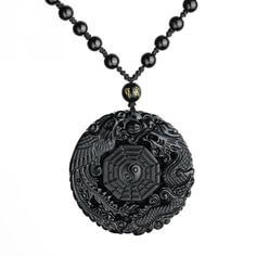 Dragon Phoenix & Yin Yang Bagua Black Jade Pendant Necklace