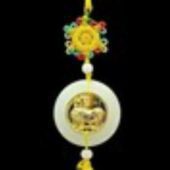 Golden Feng Shui Chi Lin on White Jade Disc Tassel