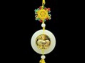 Golden Feng Shui Chi Lin on White Jade Disc Tassel