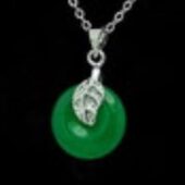 Jade Disc with Rhodium Leaf Pendant Necklace