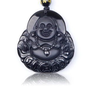 Obsidian Laughing Buddha with 6mm Onyx Necklace