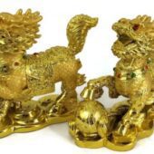 Pair of Camel Bone Feng Shui Chi Lin with Ball and Baby