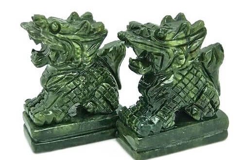 Pair of Green Jade Guardian Chi Lin