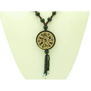 Round Obsidian with Gold Sanded Om Mani Padme Hum Bead Pendant Necklace1