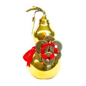 6 Inch Golden Brass Wu Lou with Six Gold Coins