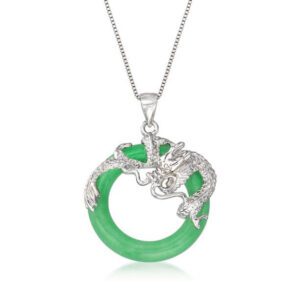 925 Silver Dragon and Jade Ring Pendant with Silver Chain