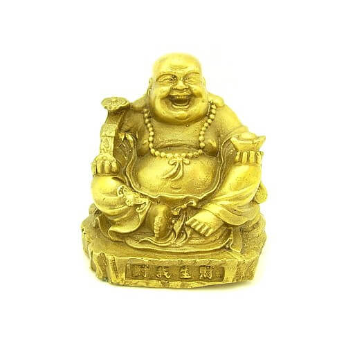Brass Happy Buddha Holding Ruyi and Gold Ingot - Buy-FengShui.com