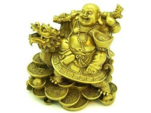 Brass Maitreya Laughing Buddha on Dragon Tortoise