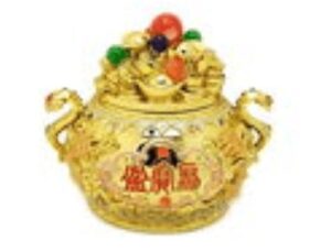 Golden Wealth Pot with Treasures and Catseye