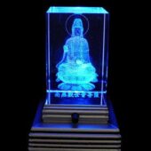 Seated Kuan Yin 3D Laser Engraved Glass with Light Base