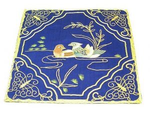 10Crt Gold Thread Silk Embroidered Mandarin Ducks Mat (Blue)1