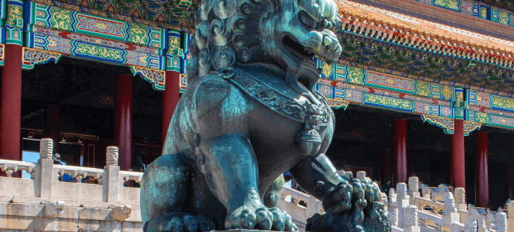 A Fu Dog statue outside a Chinese temple