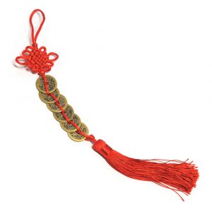 This is a Six Chinese Coins amulet stringed in series with a bright red string with a Mystic knot and a tassel to empower the Chi of the coins.