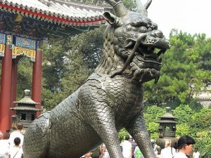 Statue of a Fu Dog at the entrance of the Chinese Temple 