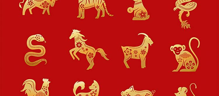 Chinese zodiac animals. Twelve asian new year golden characters set isolated on red background. Vector illustration of astrology calendar horoscope symbols