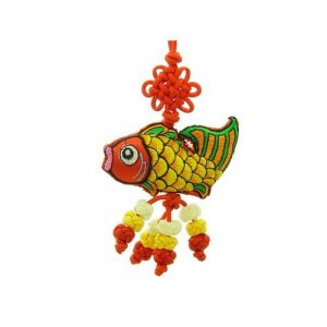 This is a beautiful oriental knick-knack featuring a brocade embroidery of a Feng Shui Carp and decorated with a mystic knot.