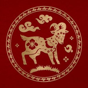 Goat year golden badge vector traditional Chinese zodiac sign