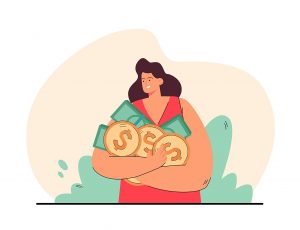 Happy woman holding coins and banknotes in hands.