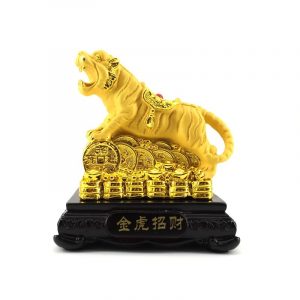 Prosperity Golden Tiger Figurine with Stack of Gold Coins