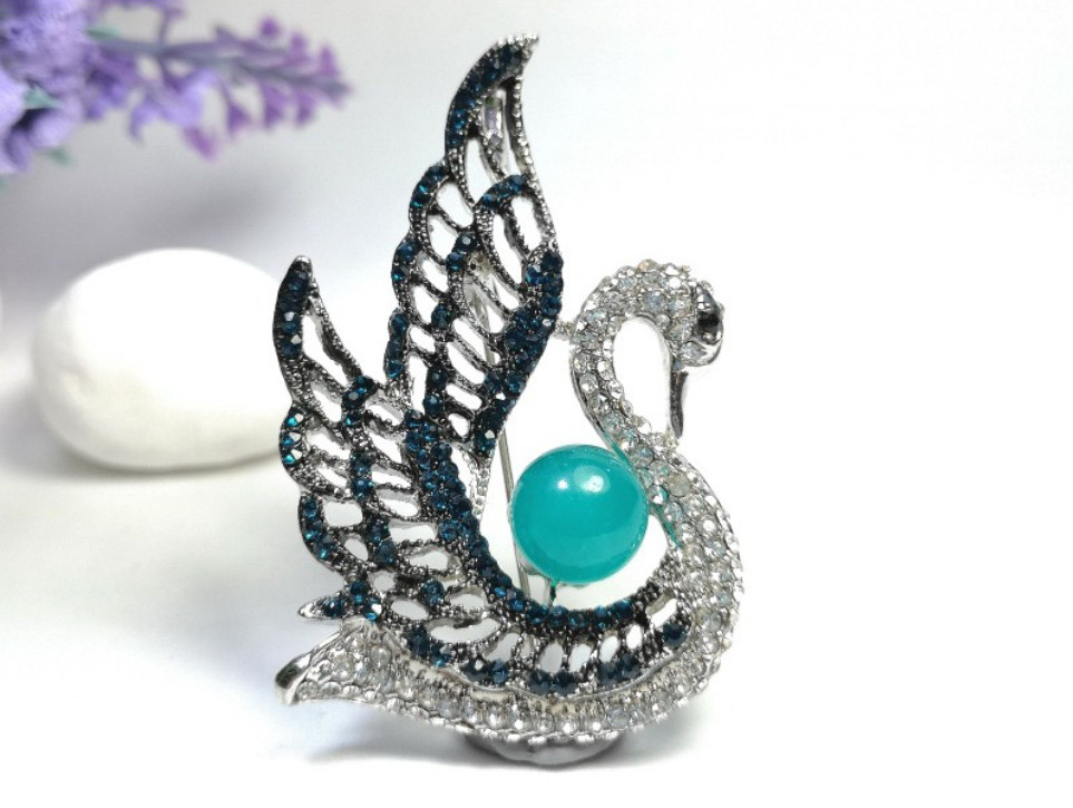 Bejeweled Swan Brooch with Amazonite Stone 1
